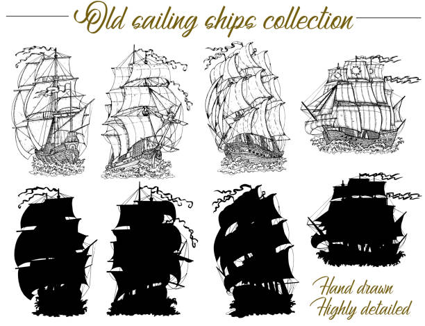 Design set with old sailing ships, ancient vessel and sailboat silhouettes Vector nautical illustration, historical adventure concept, t-shirt graphic design nautical tattoos stock illustrations