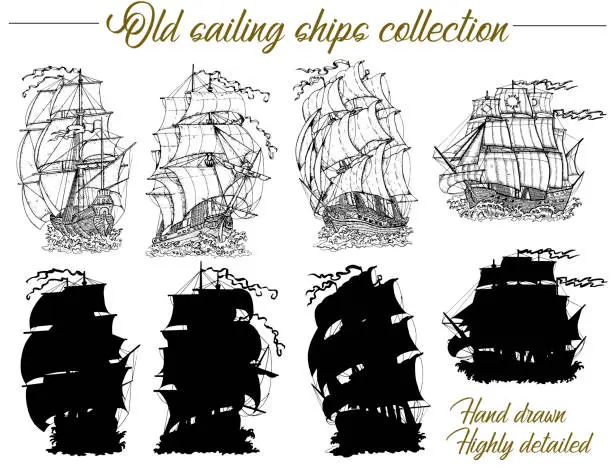 Vector illustration of Design set with old sailing ships, ancient vessel and sailboat silhouettes