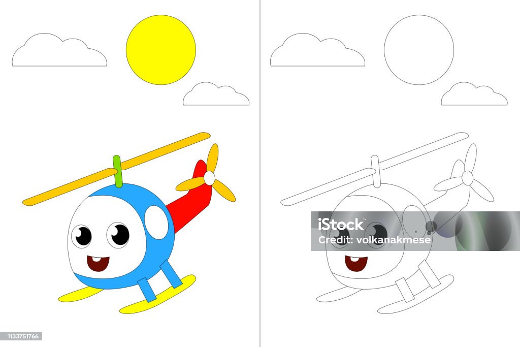 Cute Helicopter on the Sky Coloring Book Illustration Cute Helicopter on the Sky. Coloring Book Illustration for Education Materials. Colored and Uncolored Pages. 2. Part of the Vehicles Set Flower stock vector