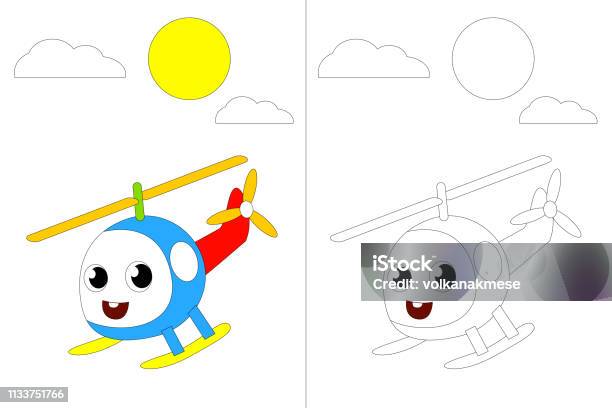 Cute Helicopter On The Sky Coloring Book Illustration Stock Illustration - Download Image Now