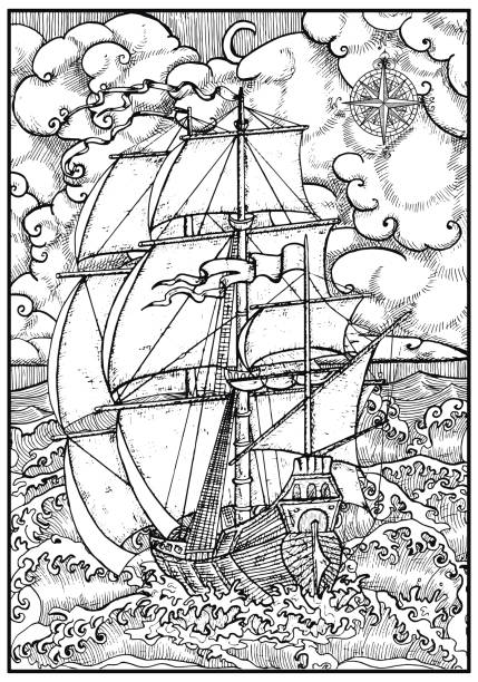 starożytny statek pod pełnym żaglem przed burzliwym krajobrazem morskim w kadrze - brigantine old sailing ship passenger ship stock illustrations