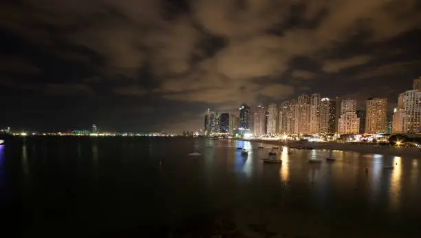 Dubai Skyline view at Bluewaters Island to Dubai Marina and Jumeira Beach Residence at night, Dubai, United Arab Emirates