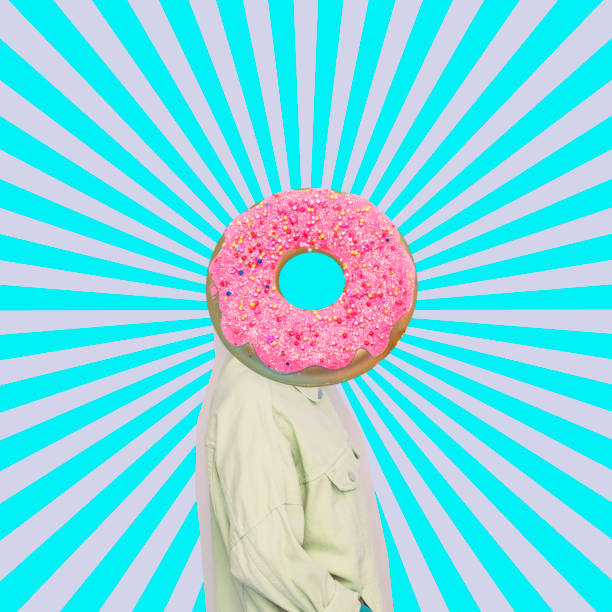 Female alien model with the big donut instead  head on psychedelic background.