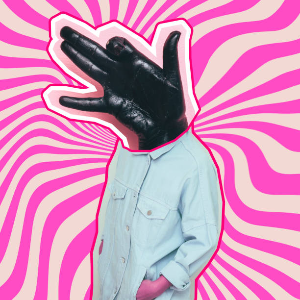 istock Female alien model with hand in dog gesture instead head on psychedelic stripes background. 1133754320