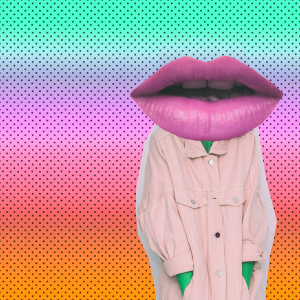 istock Female alien model with the big lips instead  head on gradient background with dots. 1133754322