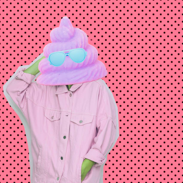 istock Female alien model with unicorn poo in sunglasses instead head on dots background. 1133754328