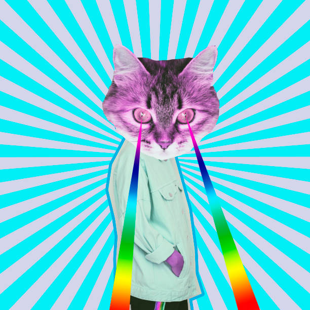 istock Female alien model with the cat head and lasers from the eyes on psychedelic background. 1133754331