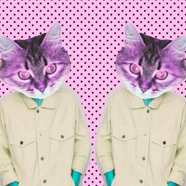 istock Female alien model with the cat head in mirrored on dots background. 1133754347