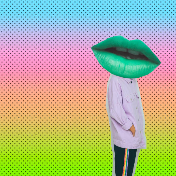 istock Female alien model with the big green lips instead  head on gradient background with dots. 1133754353
