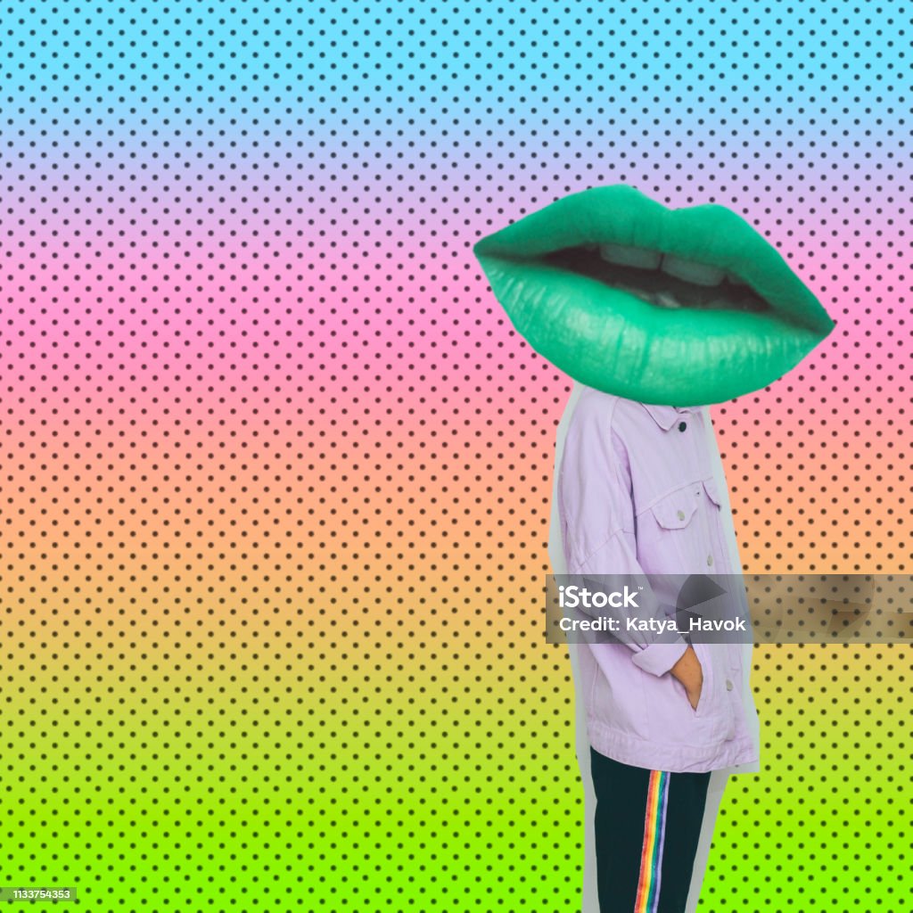 Female alien model with the big green lips instead  head on gradient background with dots. Modern art collage. Female alien model with the big green lips instead  head on gradient background with dots. Party - Social Event Stock Photo