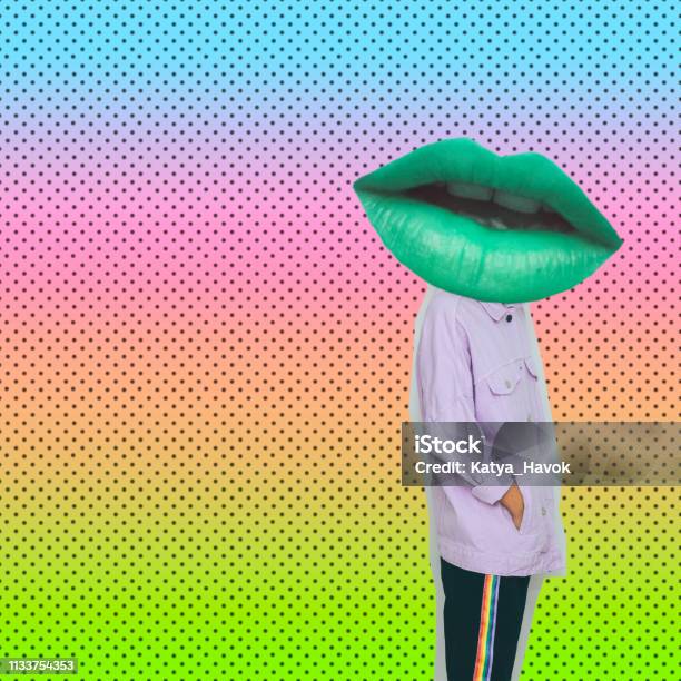 Female Alien Model With The Big Green Lips Instead Head On Gradient Background With Dots Stock Photo - Download Image Now