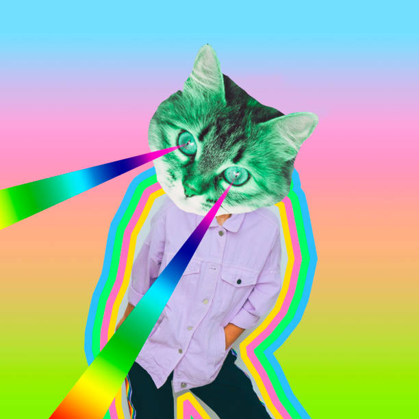 Female alien model with the cat head and rainbow lasers from the eyes on psychedelic background. stock photo