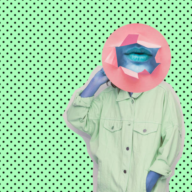 istock Female alien model with kissing lips instead head on dots background. 1133754366