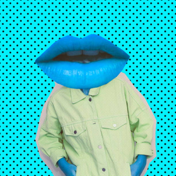 Female alien model with the big blue lips instead  head on background with dots.