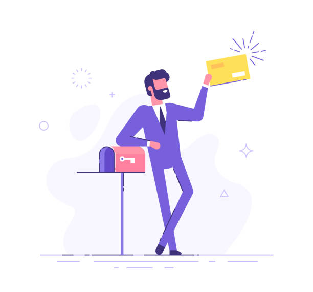 glücklicher mann bekam einen wichtigen brief. der hübsche geschäftsmann oder manager steht in der nähe des briefkastens und hält einen umschlag in der hand. moderne vektor-illustration. - mailbox mail symbol box stock-grafiken, -clipart, -cartoons und -symbole