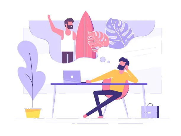 Vector illustration of Business man is relaxing and dreaming about surfing and vacation on a tropical island at his work place. Modern office interior. Business concept. Vector illustration.