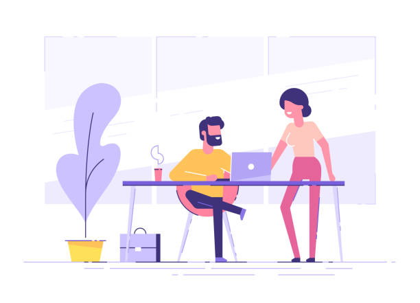 ilustraciones, imágenes clip art, dibujos animados e iconos de stock de el joven está sentado en un escritorio con un ordenador portátil y su colega está apuntando a una pantalla y dando consejos. concepto de negocio de oficina. ilustración vectorial moderna. - trabajadores contentos