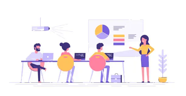 Vector illustration of Business woman presenting new project to her partners and colleagues. She is showing graphs and pie charts. Coach giving presentation to clients at conference meeting room. Modern vector illustration.