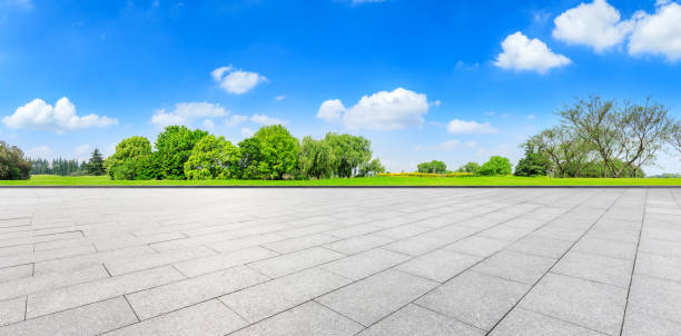 istock Empty square floor and green forest in city park 1133755072