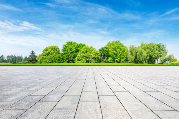 istock Empty square floor and green forest in city park 1133755296