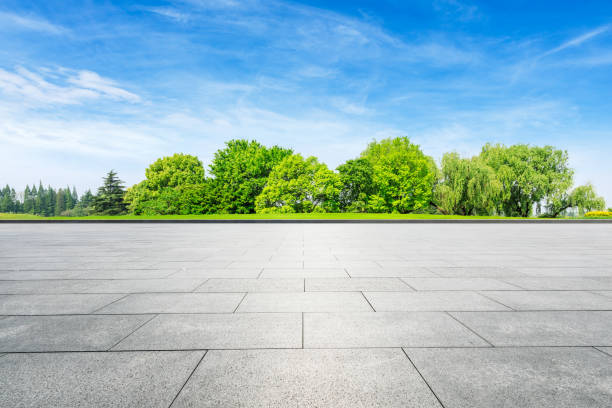 istock Empty square floor and green forest in city park 1133755316