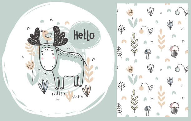 Vector set of cute hand drawn moose and seamless pattern Vector set of cute hand drawn moose and seamless pattern with flowers. plants, mushrooms. Set for cards, textile, paper, invitations, baby shower, preschool and children room decoration how to draw a moose drawing stock illustrations