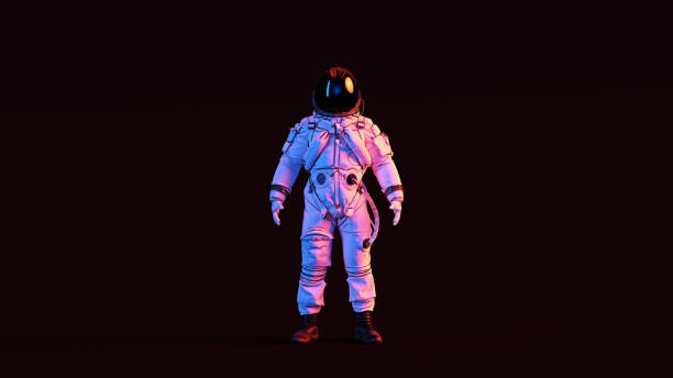 istock Astronaut Advanced Crew Escape Suit with Black Visor and White Spacesuit with Pink and Blue Moody 80s lighting Front 1133758202