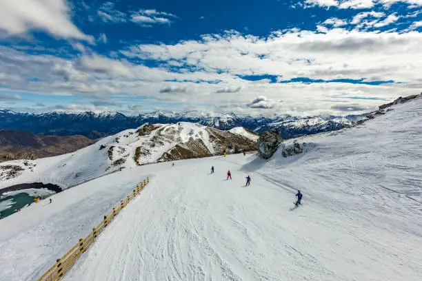 New Zealand mountain panorama and snow ski slopes as seen from Coronet Peak ski resort, Queenstown
