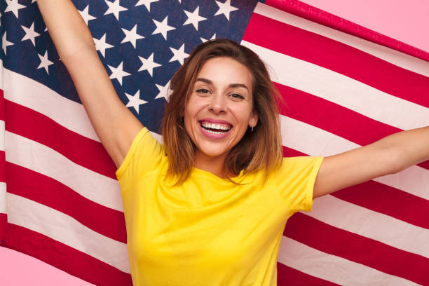istock Expressive woman with country flag 1133760292