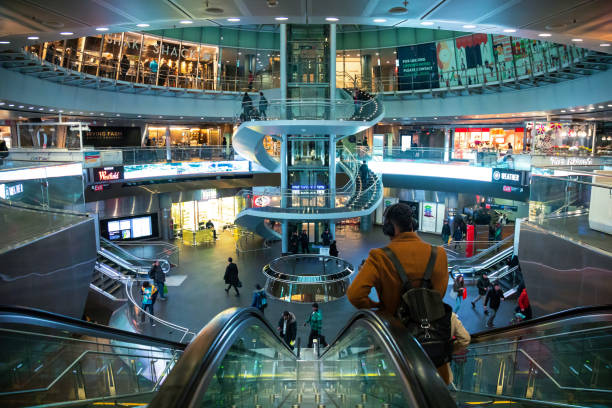 New York, United States - February 7, 2019 Fulton Center NYC Subway Station in downtown from mobile stairs