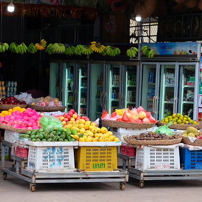 Siem Reap, Cambodia, December 08, 2018 fruit baskets on the counter, trading in a market in southeast Asia