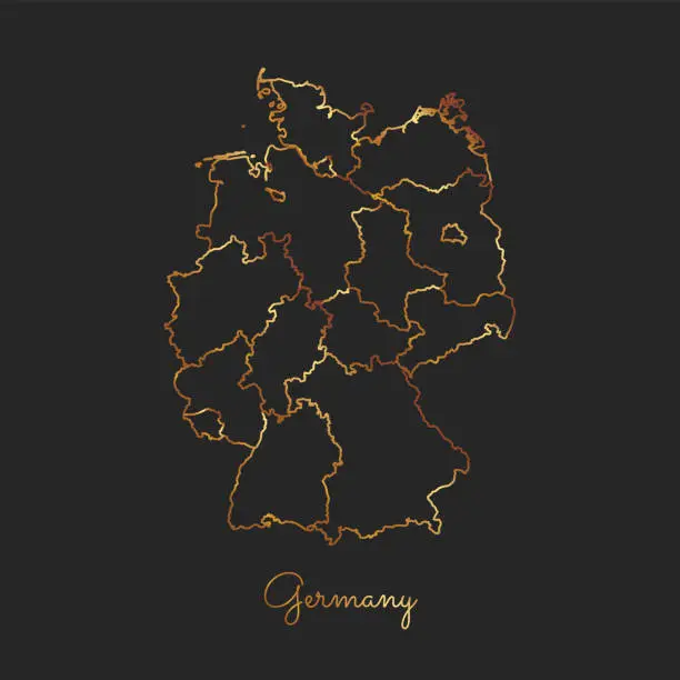 Vector illustration of Germany region map: golden gradient outline on dark background.