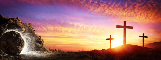 Resurrection - Tomb Empty With Crucifixion At Sunrise Rolled Stone - Tomb Empty With Crucifixion At Sunrise the crucifixion photos stock pictures, royalty-free photos & images