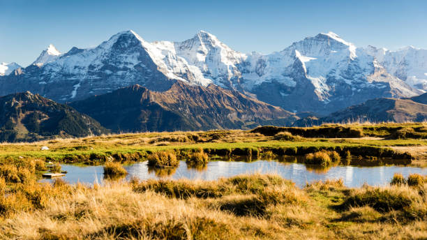 eiger, mönch und jungfrau, berner oberland, schweiz - swiss culture european alps eiger mountain range stock-fotos und bilder