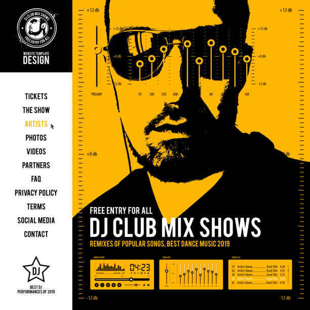 website template with music event subject website template design for dj performances, dance club mix shows, night club parties, containing: menu, web banners, audio player interface, buttons, equalizer, tracklist, eps10 vector illustration cd player stock illustrations