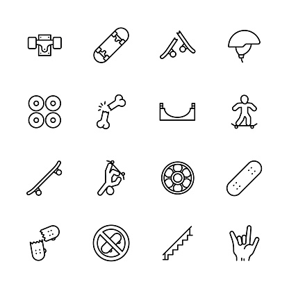 Simple icon set skateboarding and youth sport. Contains such symbols skateboard, wheels, extreme sports, injuries, stunts, skills