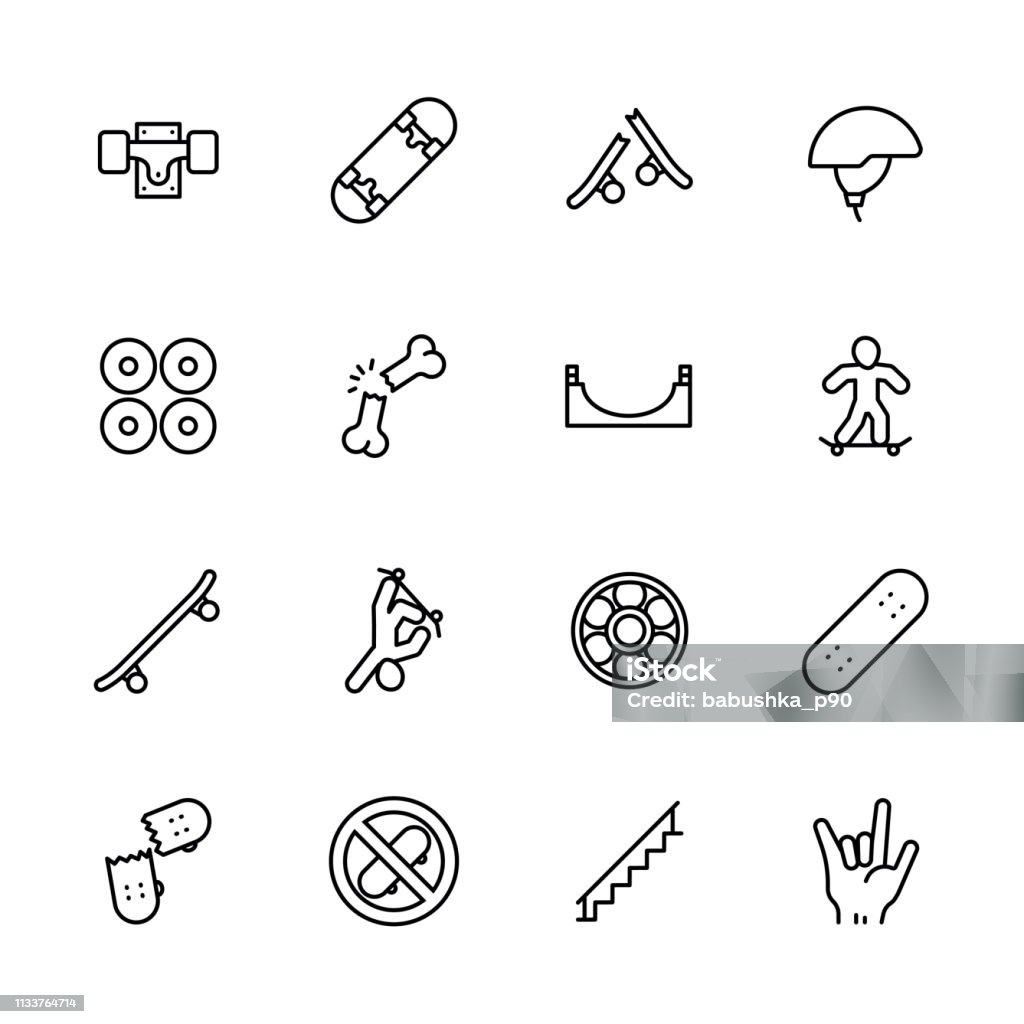 Simple icon set skateboarding and youth sport. Contains such symbols skateboard, wheels, extreme sports, injuries, stunts, skills Skateboarding stock vector