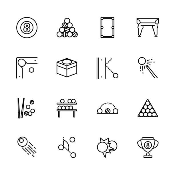einfaches icon set billard-spiel. enthält solche symbole billardkugeln, pool-stick, cue, tasche, pyramide, cup, meisterschaft, pool-turnier - snooker stock-grafiken, -clipart, -cartoons und -symbole
