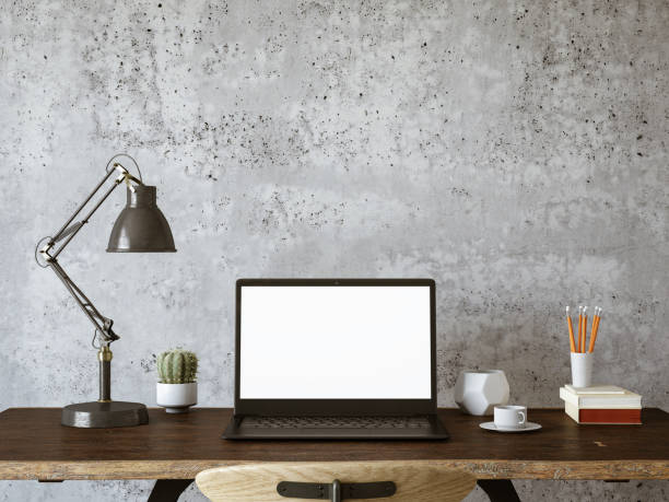 espaço de trabalho com laptop de tela em branco - ecrã em branco - fotografias e filmes do acervo