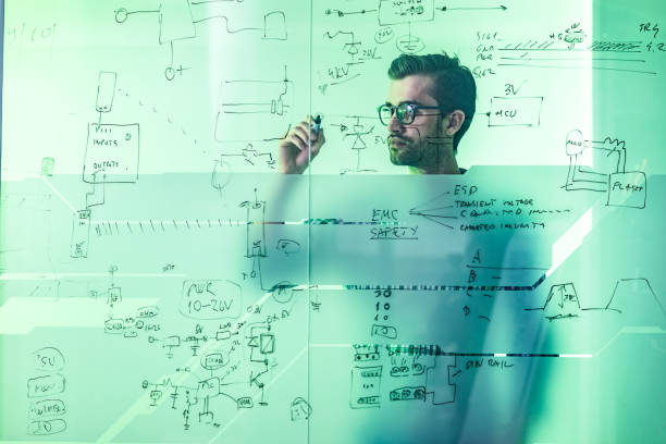 istock Male engineer making a business plan by drawing a diagram on a glass. 1133765965