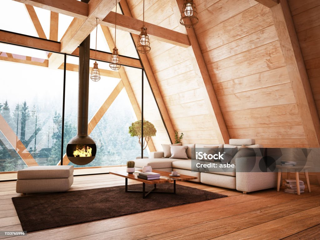 Wooden Interior with Funiture and Fireplace Wooden Interior with Funiture and Fireplace. 3D Render Wood - Material Stock Photo