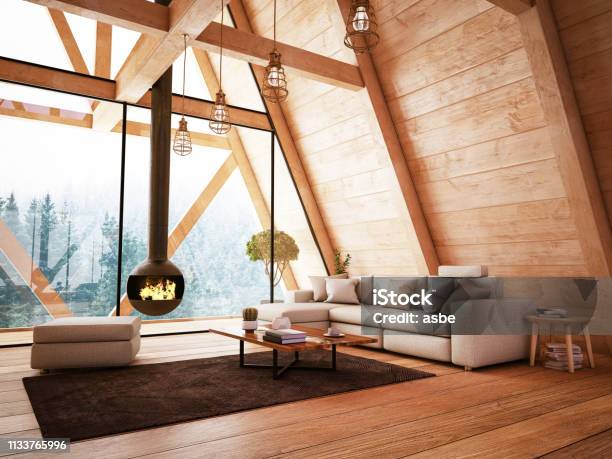 Wooden Interior With Funiture And Fireplace Stock Photo - Download Image Now - Wood - Material, Indoors, Chalet