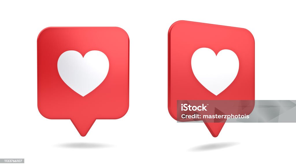 3d social media notification love like heart icon in red rounded square pin isolated on white background with shadow 3D rendering Heart Shape Stock Photo