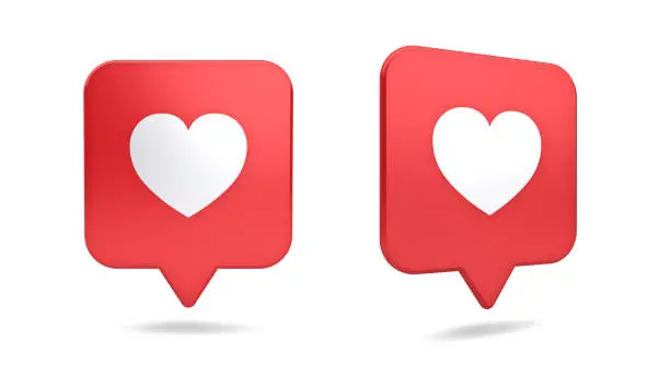 Photo of 3d social media notification love like heart icon in red rounded square pin isolated on white background with shadow 3D rendering