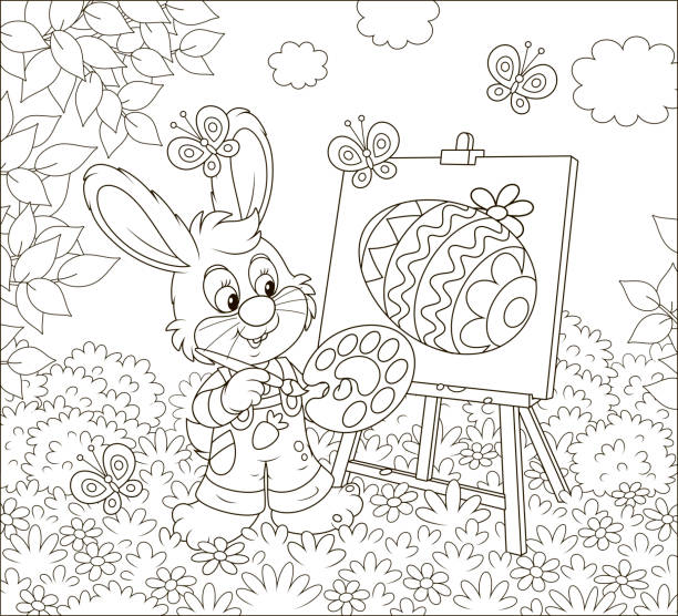 ilustrações, clipart, desenhos animados e ícones de pouco pintor do coelho de easter - easter egg paint black and white drawing