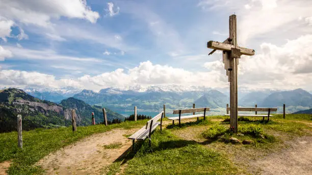 Panorama; Cross with three benches on the Rigi, near Kaltbad, Lake Lucerne, Switzerland, Europe