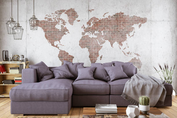 istock Cozy Living Room with Sofa and World Map 1133767378