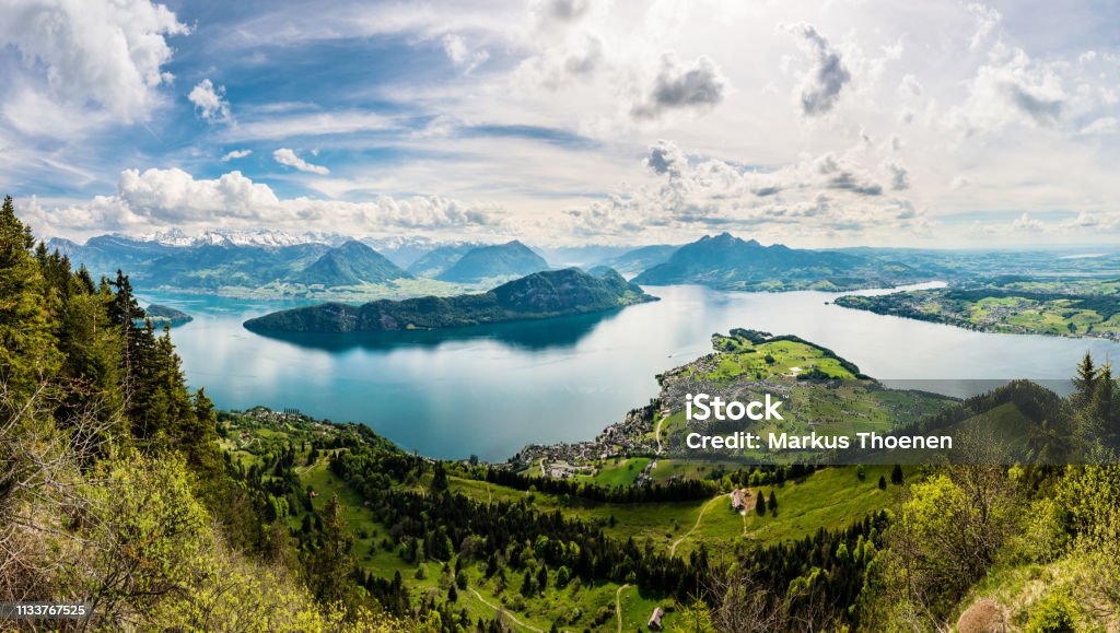 Panorama, view of Lake Lucerne and Weggis from the Rigi, Switzerland, Europe Panorama, view of Lake Lucerne and Weggis from Mount Rigi, Switzerland, Europe Lake Lucerne Stock Photo