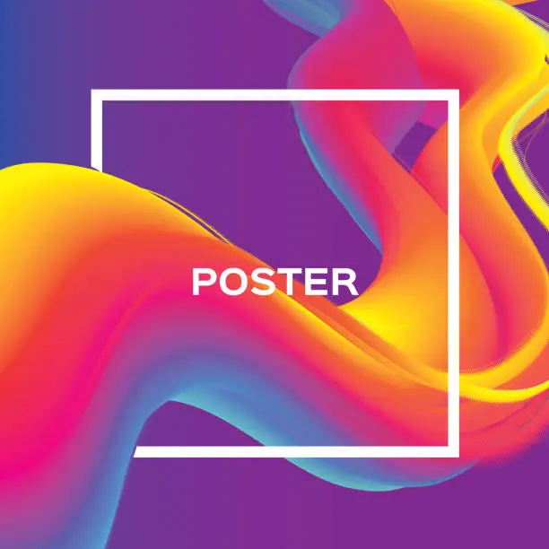 Vector illustration of Abstract colorful poster. Wave Smoke shapes with square frame. Space for text. Dynamic Effect.