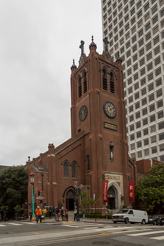 historical religious church in china town at grant street of san francisco california usa america